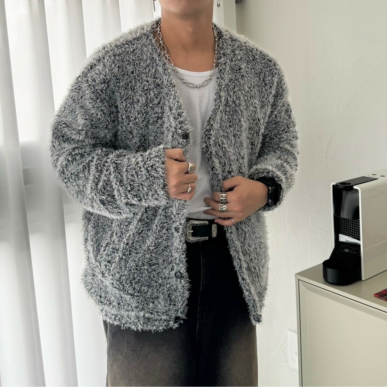 韓國連線 高級感 馬海毛 開襟衫 毛毛外套 灰/黑