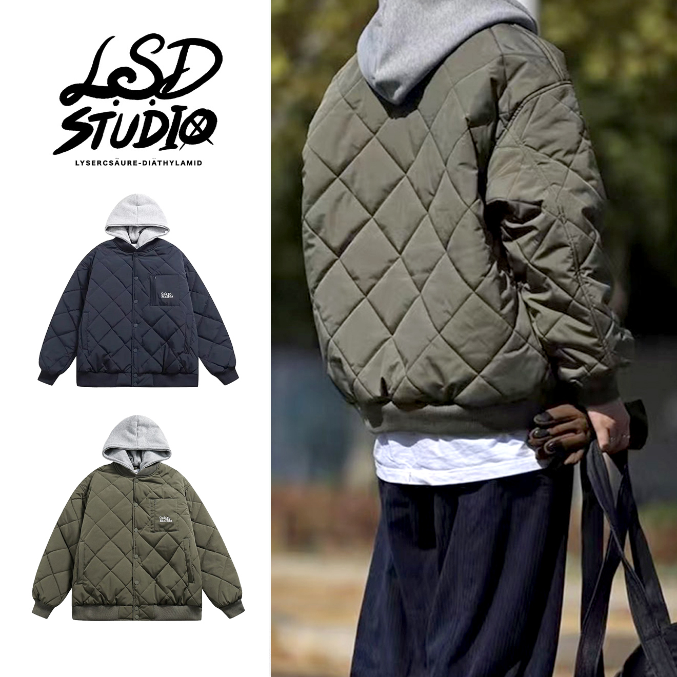 冬季推薦|菱形格紋連帽可拆鋪棉外套/棒球外套【CTSB001】