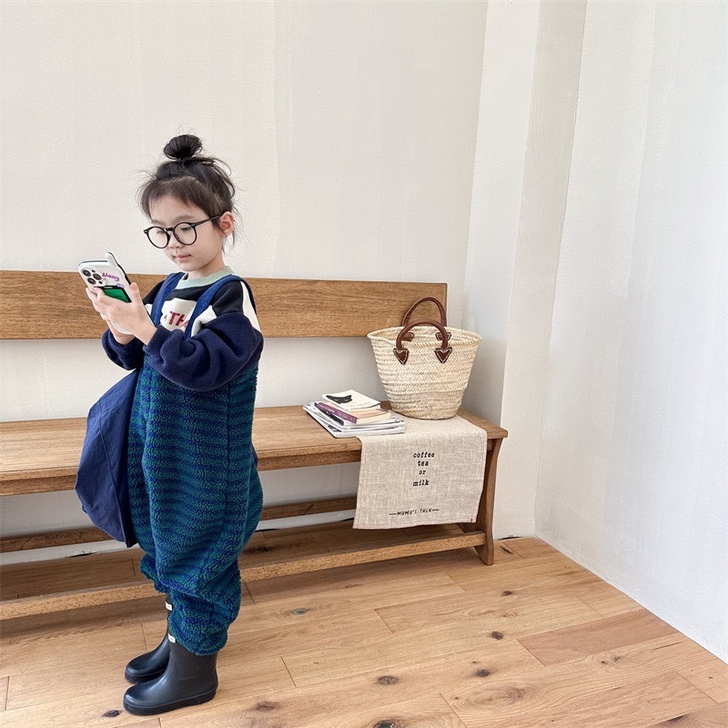 條紋羊羔毛絨吊帶褲