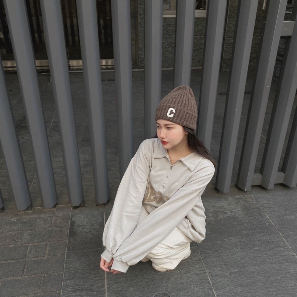 C字刺繡反摺毛帽/五色