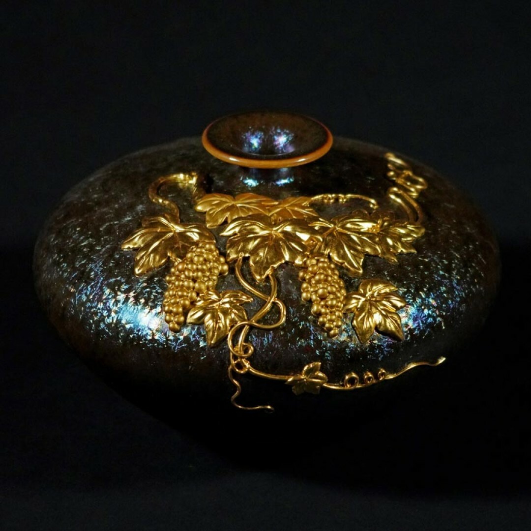 七彩琉璃結晶釉花器｜平安多福B款藍金色 漆線雕工藝居家開運擺飾