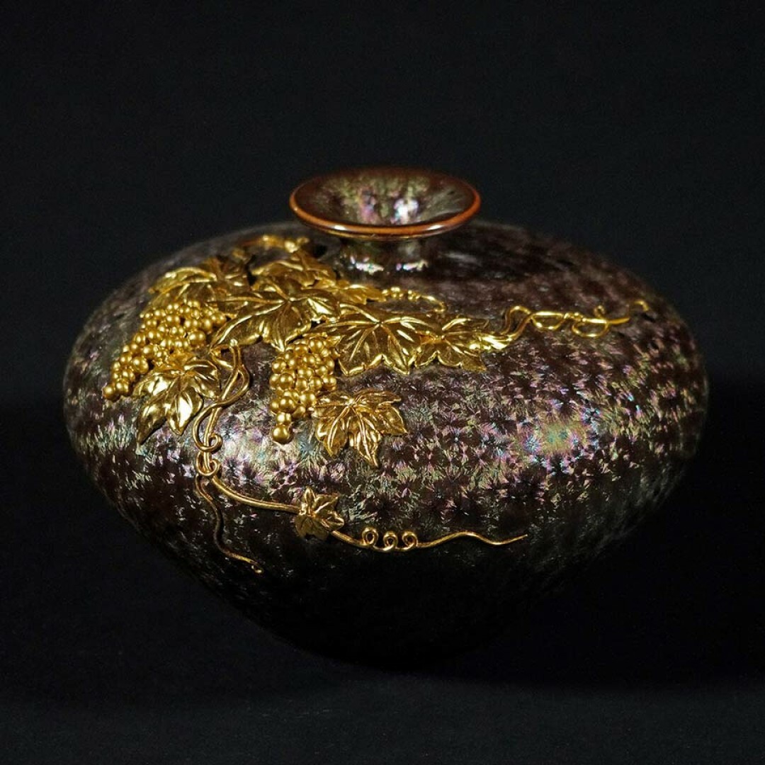 七彩琉璃結晶釉花器｜平安多福A款紫金釉色 手作漆線金箔藝術精品