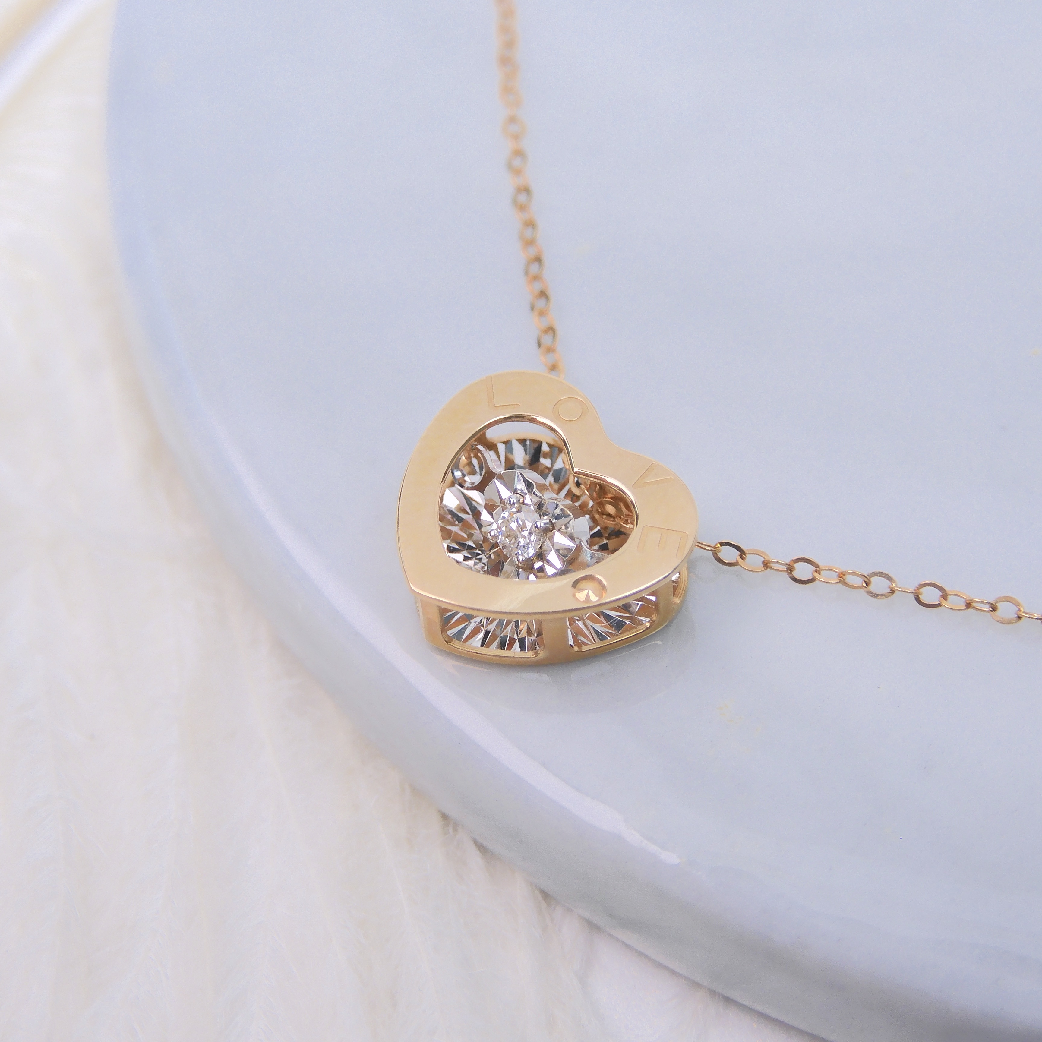18K Gold 0.02ct Dancing Stone "Love" Heart Necklace