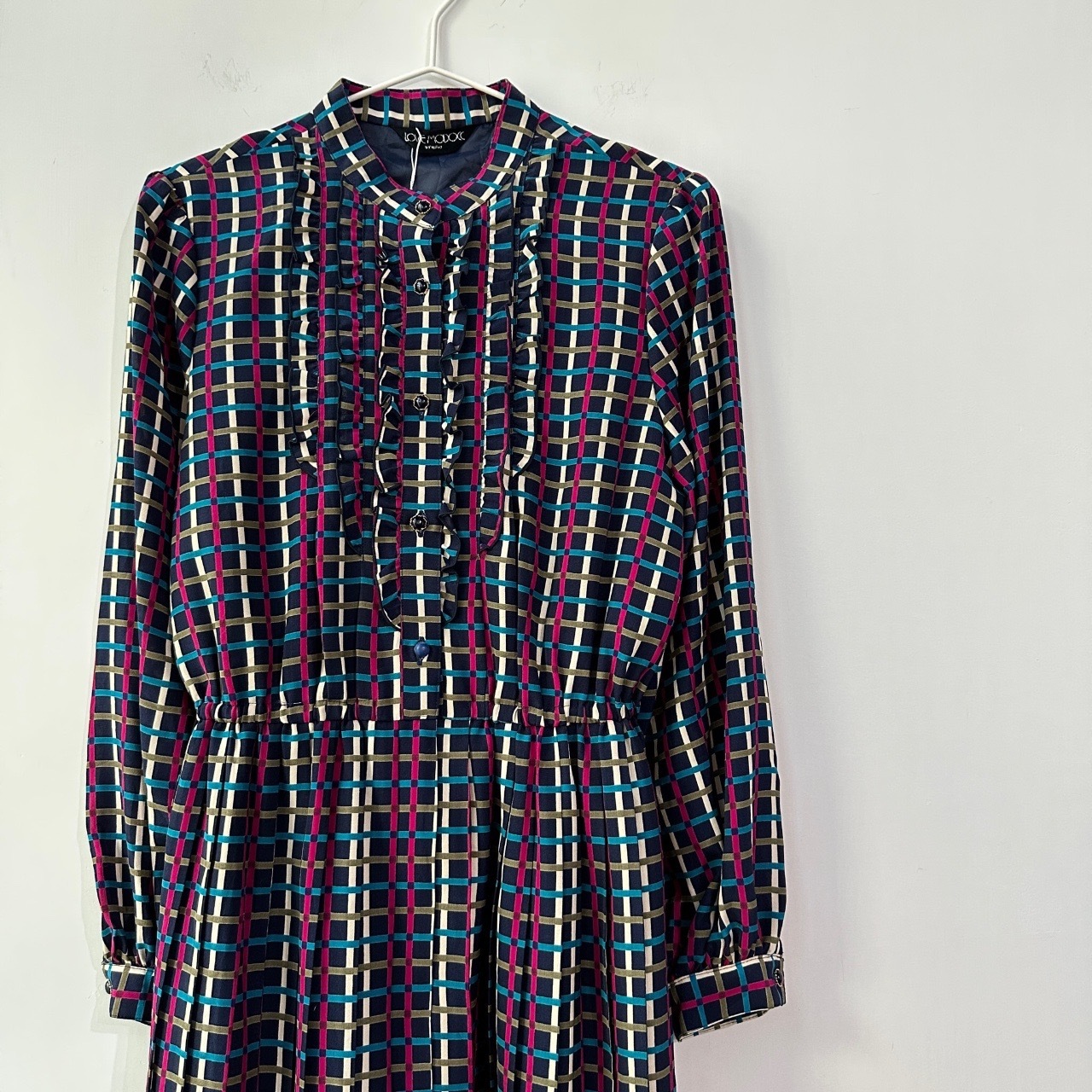 日本製深藍彩格荷葉邊前襟連身裙