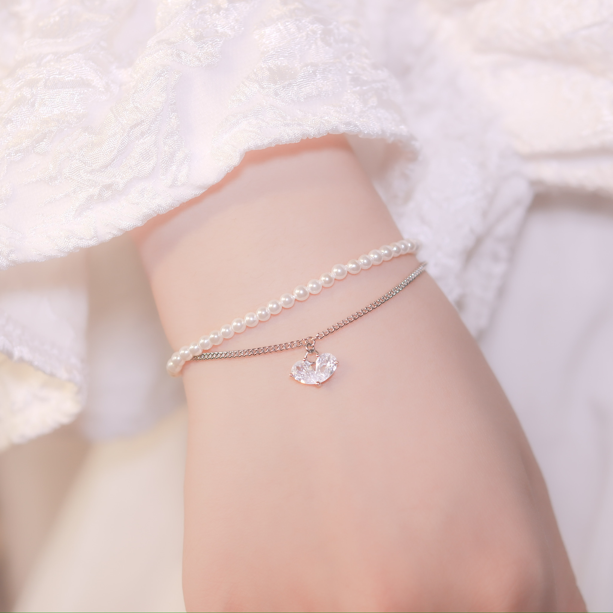 | 925純銀・厚鍍白金・厚鍍玫瑰金・珍珠 | 心動永恆雙層手鏈 (銀/玫瑰金) | BR0987 |