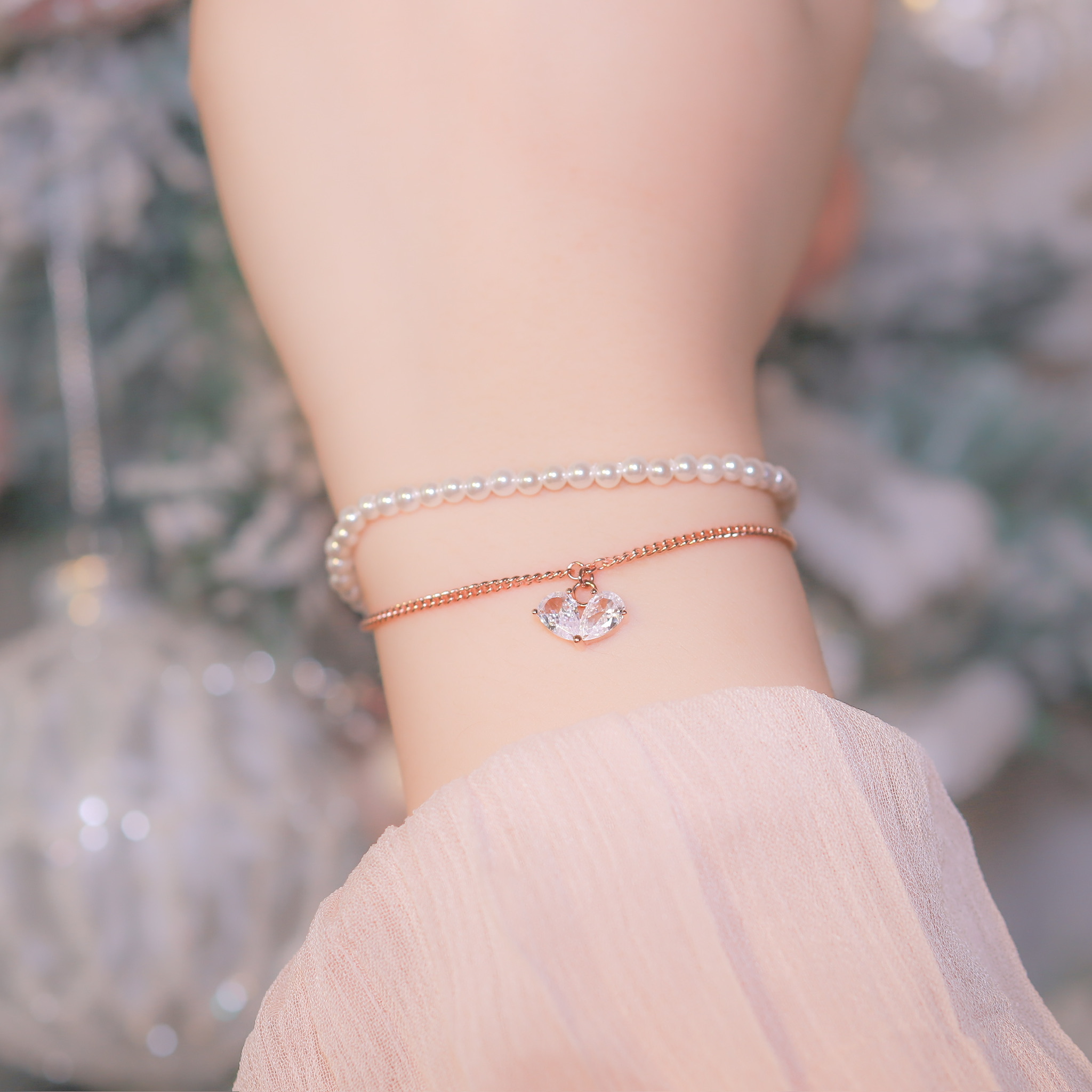 | 925純銀・厚鍍白金・厚鍍玫瑰金・珍珠 | 心動永恆雙層手鏈 (銀/玫瑰金) | BR0987 |