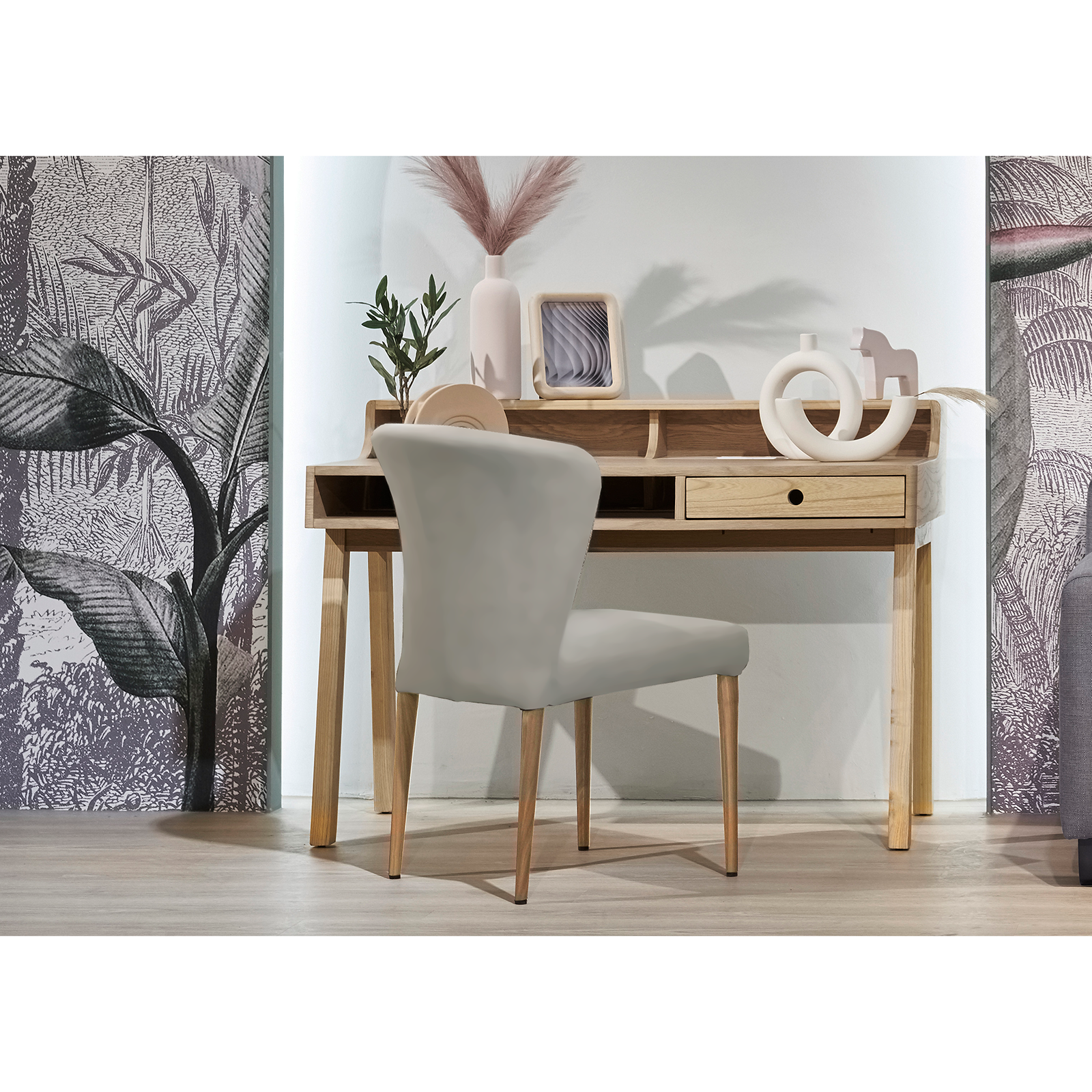 Anne 高耐磨科技皮餐椅/白橡色腳 - 白灰色