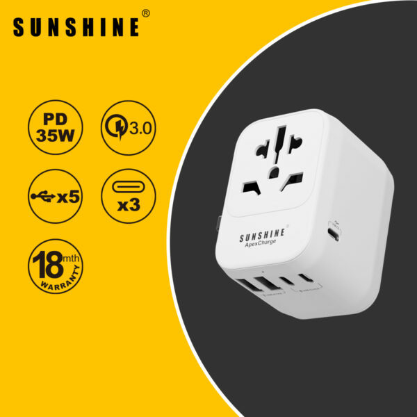 SUNSHINE 陽光 APEXCHARGE 旅行充電轉換插座 PD 35W - 白色 (TRA-35W)