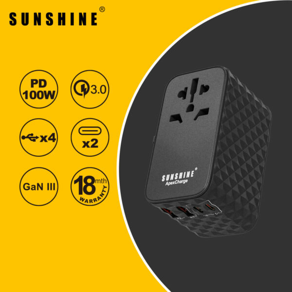 SUNSHINE 陽光 APEXCHARGE 旅行充電轉換插座 PD 100W - 黑色 (TRA-100W)