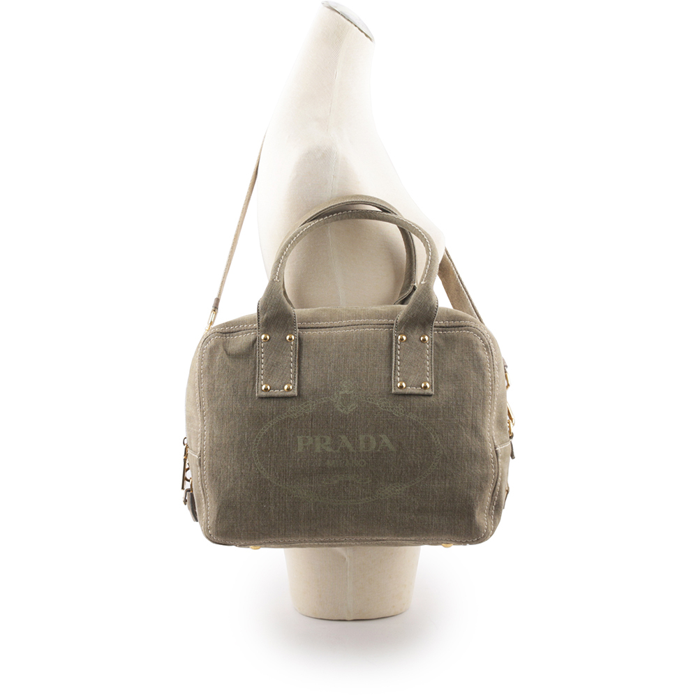 【PRADA】LOGO 帆布手提/斜背二用包(米黃色)