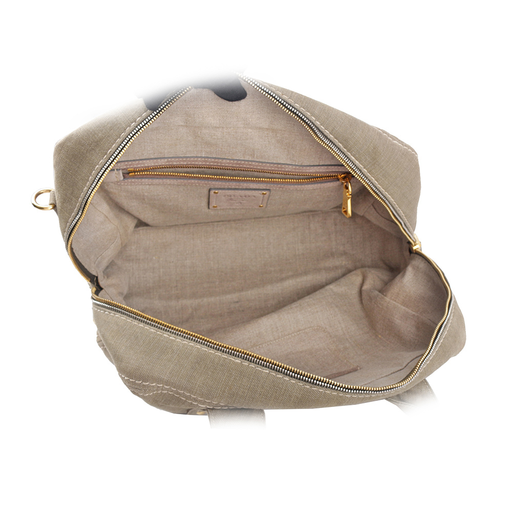 【PRADA】LOGO 帆布手提/斜背二用包(米黃色)