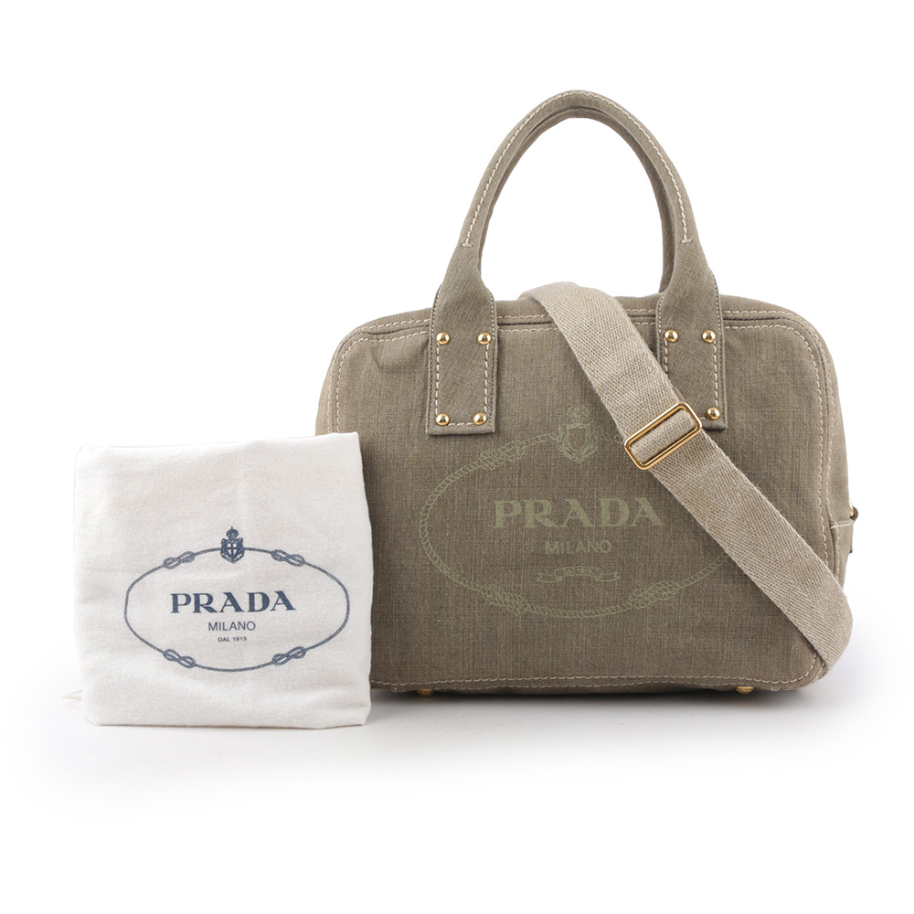 【PRADA】LOGO 帆布手提/斜背二用包(米黃色)