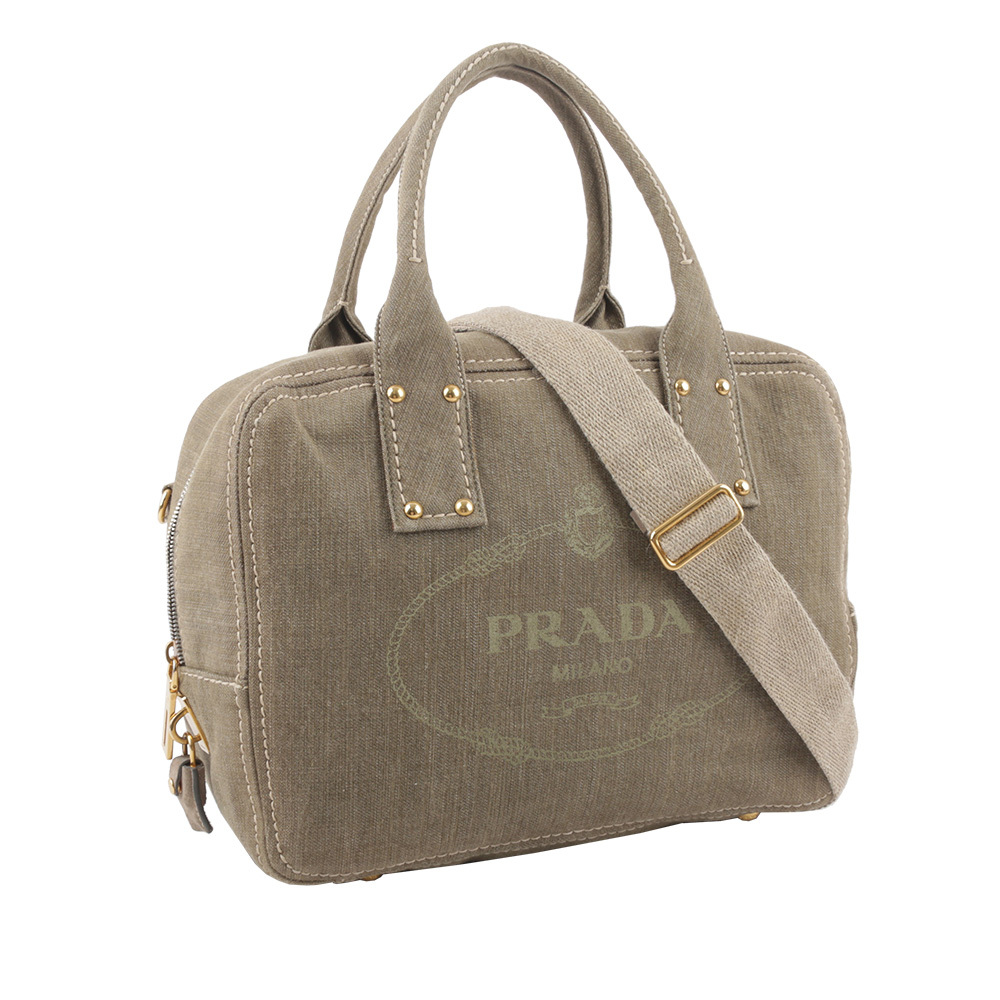【PRADA】LOGO 帆布手提/斜背二用包(米黃色)