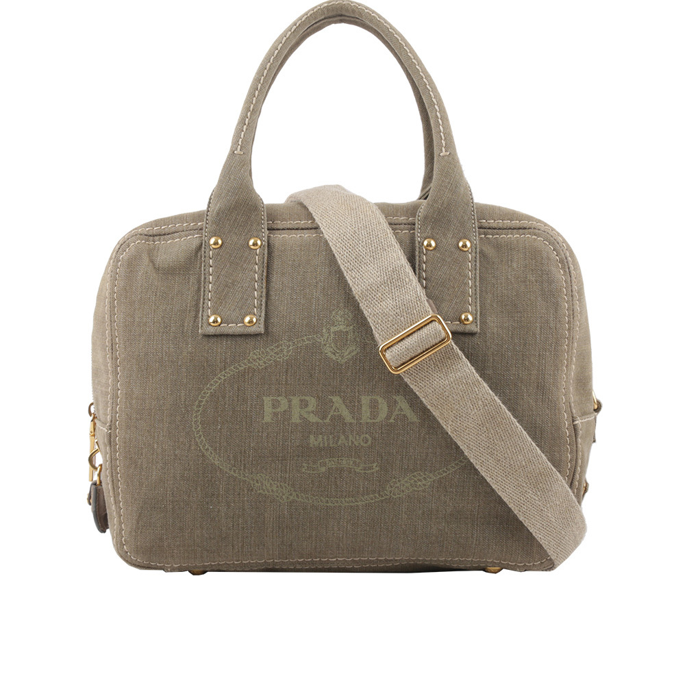 【PRADA】LOGO 帆布手提/斜背二用包(米黃色)