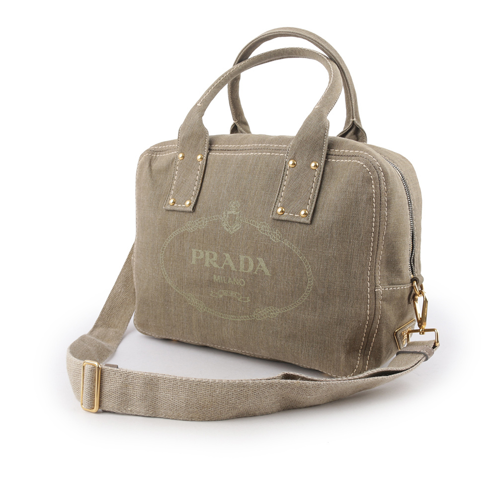 【PRADA】LOGO 帆布手提/斜背二用包(米黃色)