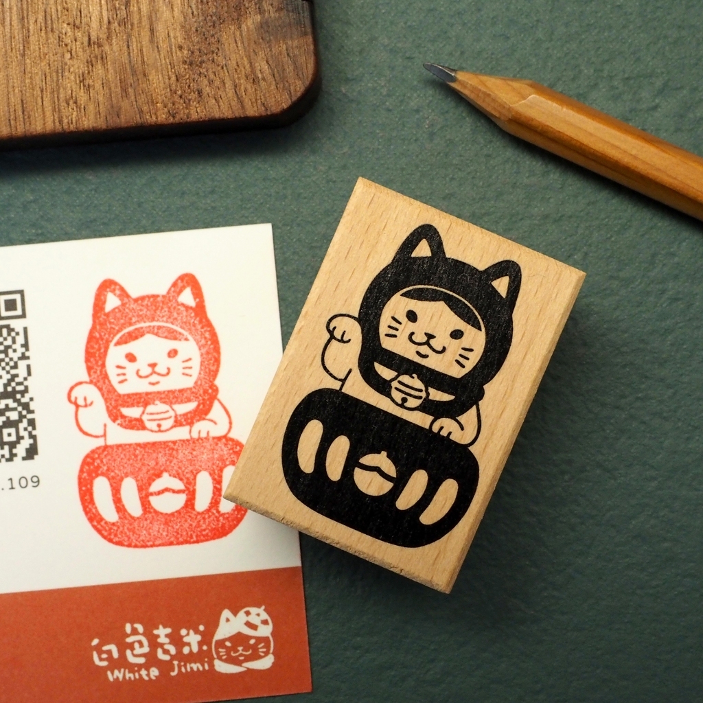 達摩招財貓 木頭印章｜白色吉米 台灣