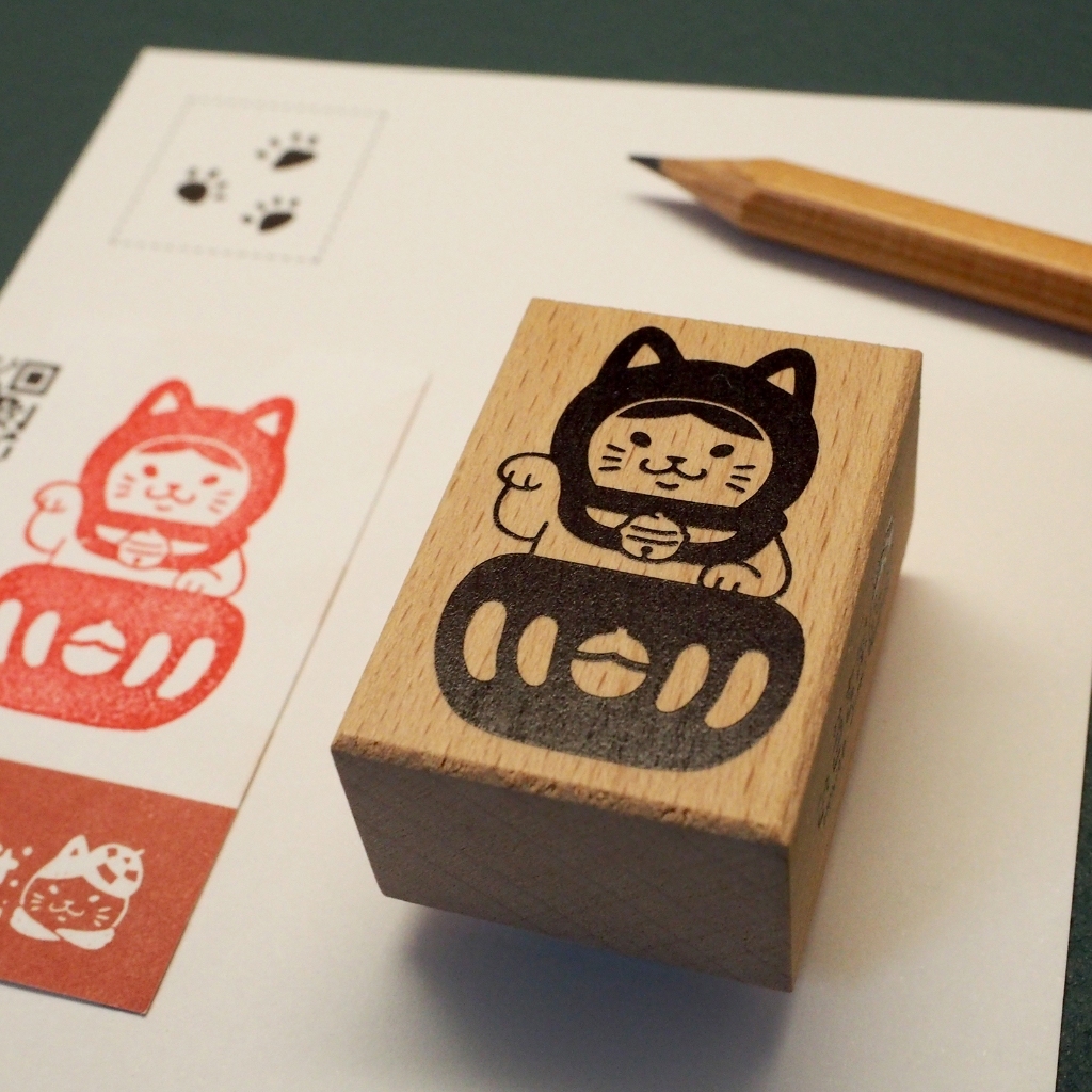 達摩招財貓 木頭印章｜白色吉米 台灣