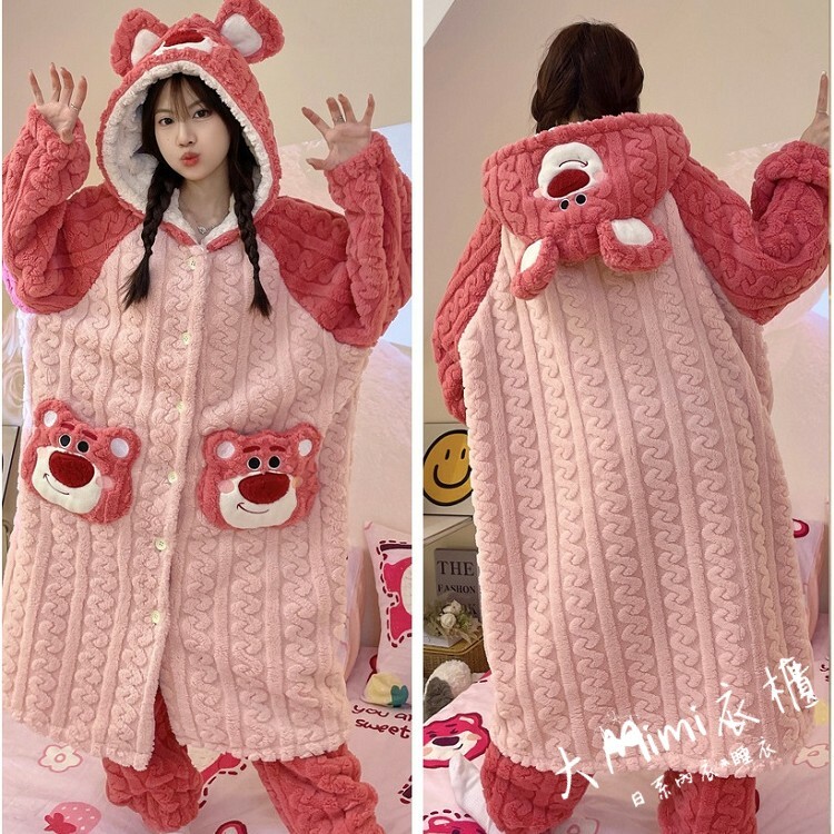 🔥暖呼呼系列-草莓熊法蘭絨睡袍+褲子