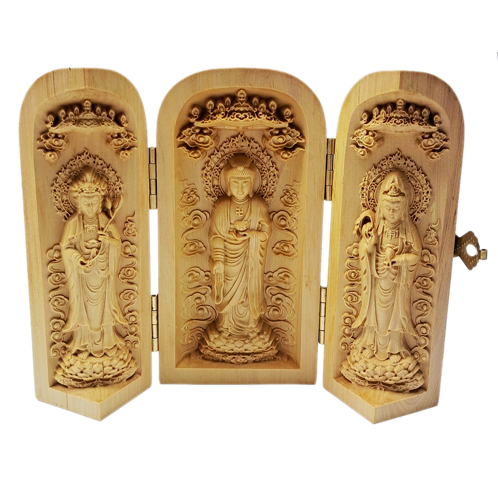 西方三聖 黃楊木小佛堂 高10公分【十方】152651