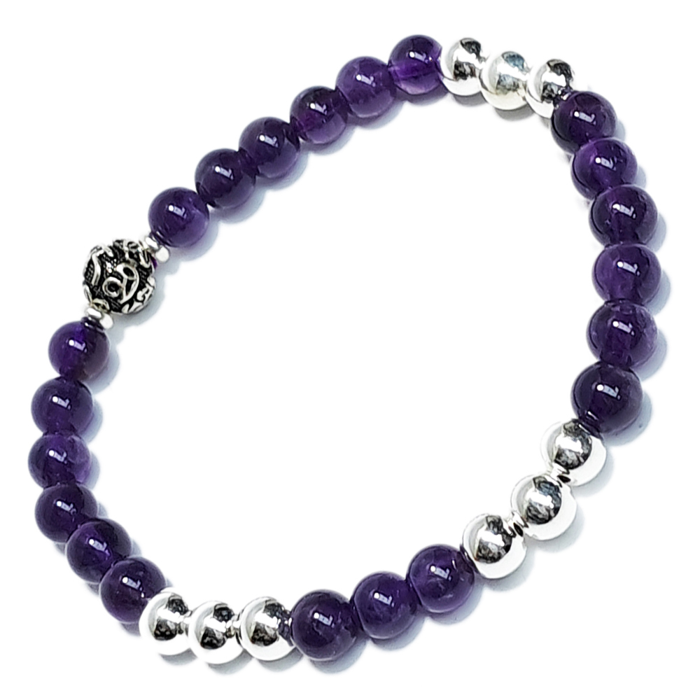 六字真言{純銀}&銀珠&紫水晶手珠6mm【十方】152780