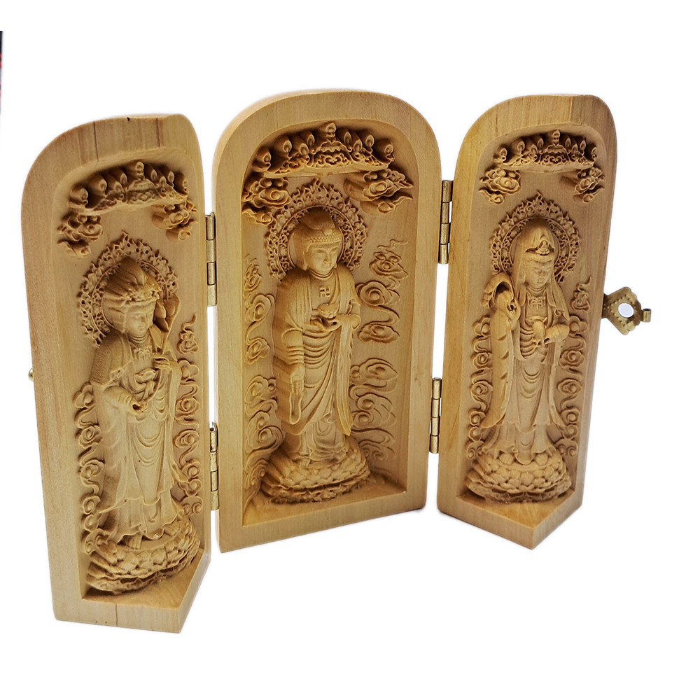 西方三聖 黃楊木小佛堂 高10公分【十方】152651