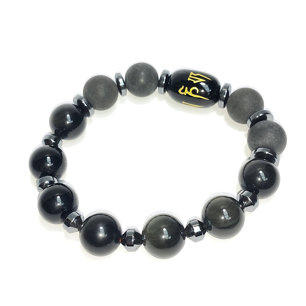 六字真言&靈草藥珀&健康石&黑曜石手珠12mm【十方】152680