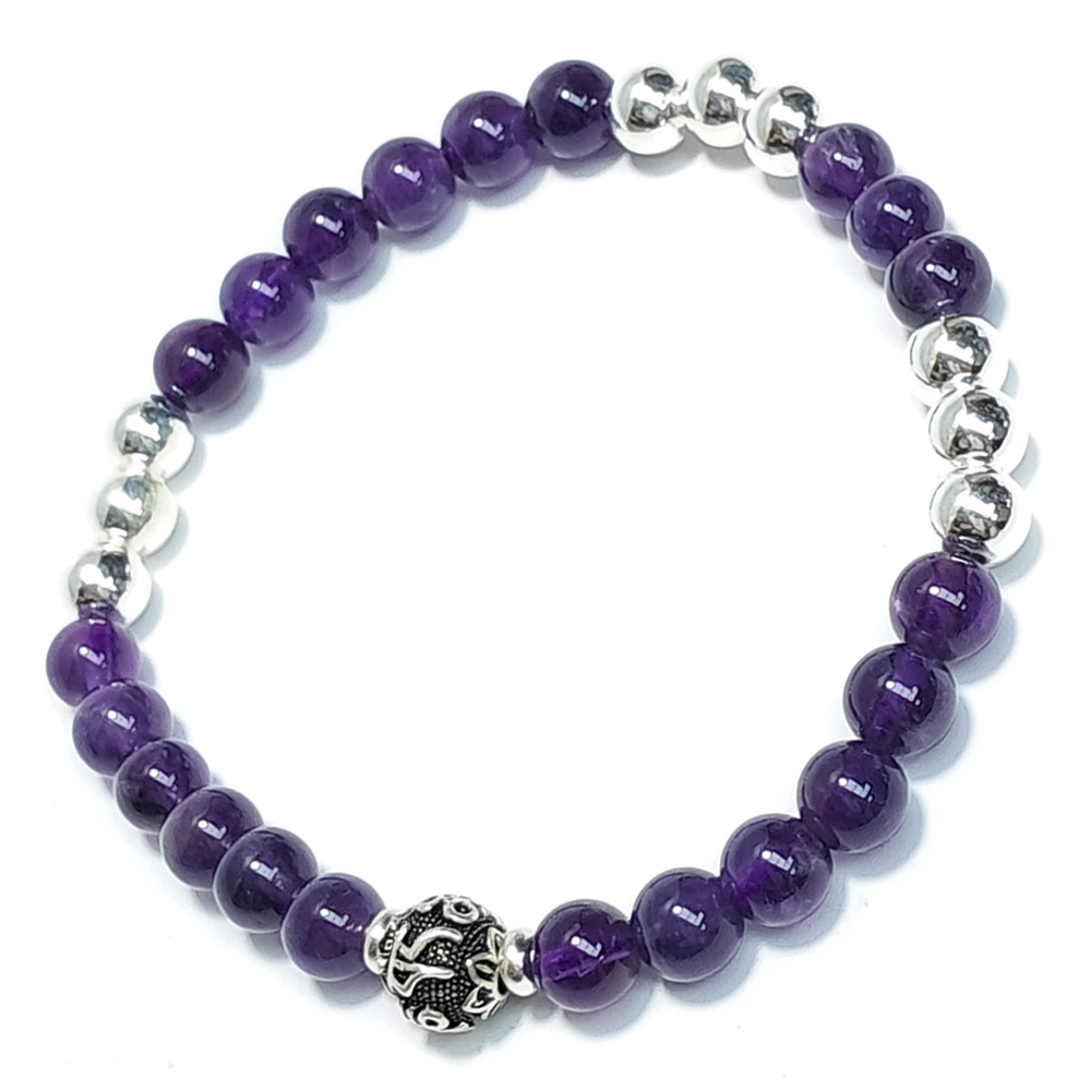 六字真言{純銀}&銀珠&紫水晶手珠6mm【十方】152780