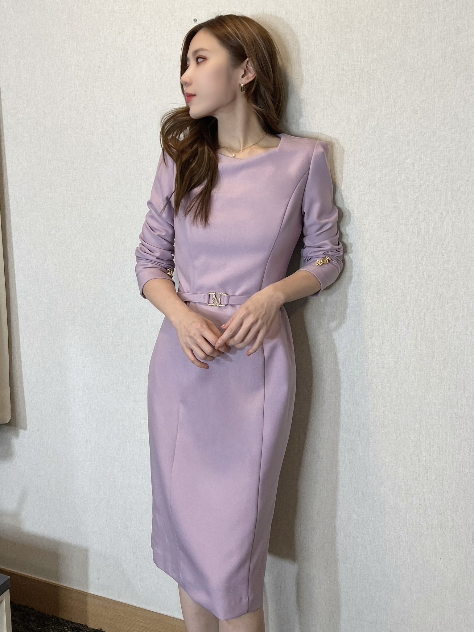 經典優雅粉紫合身洋裝