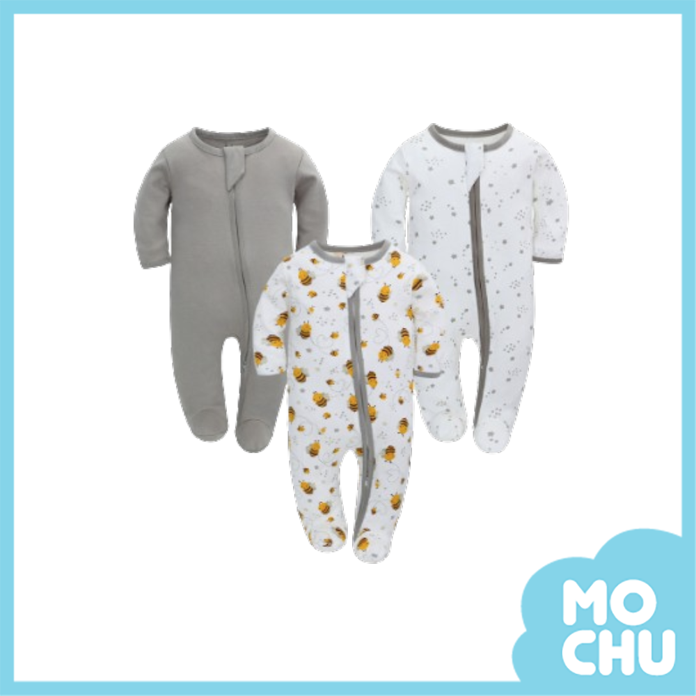 灰色蜜蜂星星包腳連身衣三件組