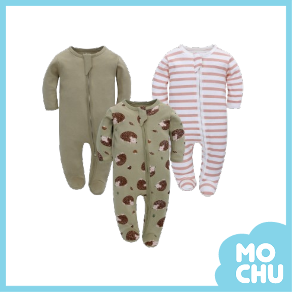 綠色刺蝟條紋包腳連身衣三件組