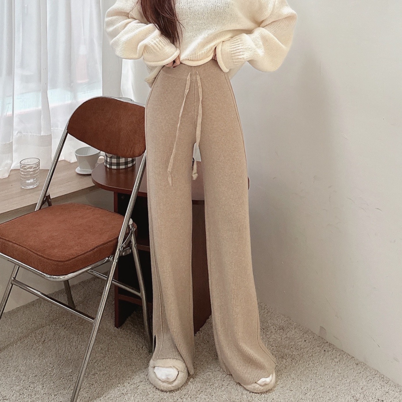 超柔軟針織綁繩寬褲/三色