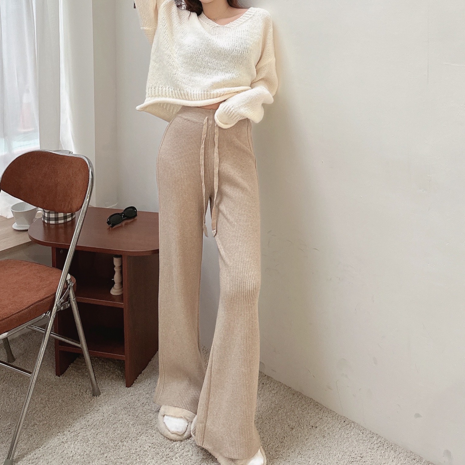 超柔軟針織綁繩寬褲/三色