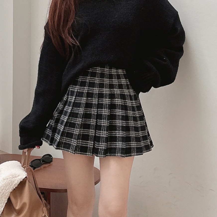 氛圍毛呢格紋百褶短裙/二色