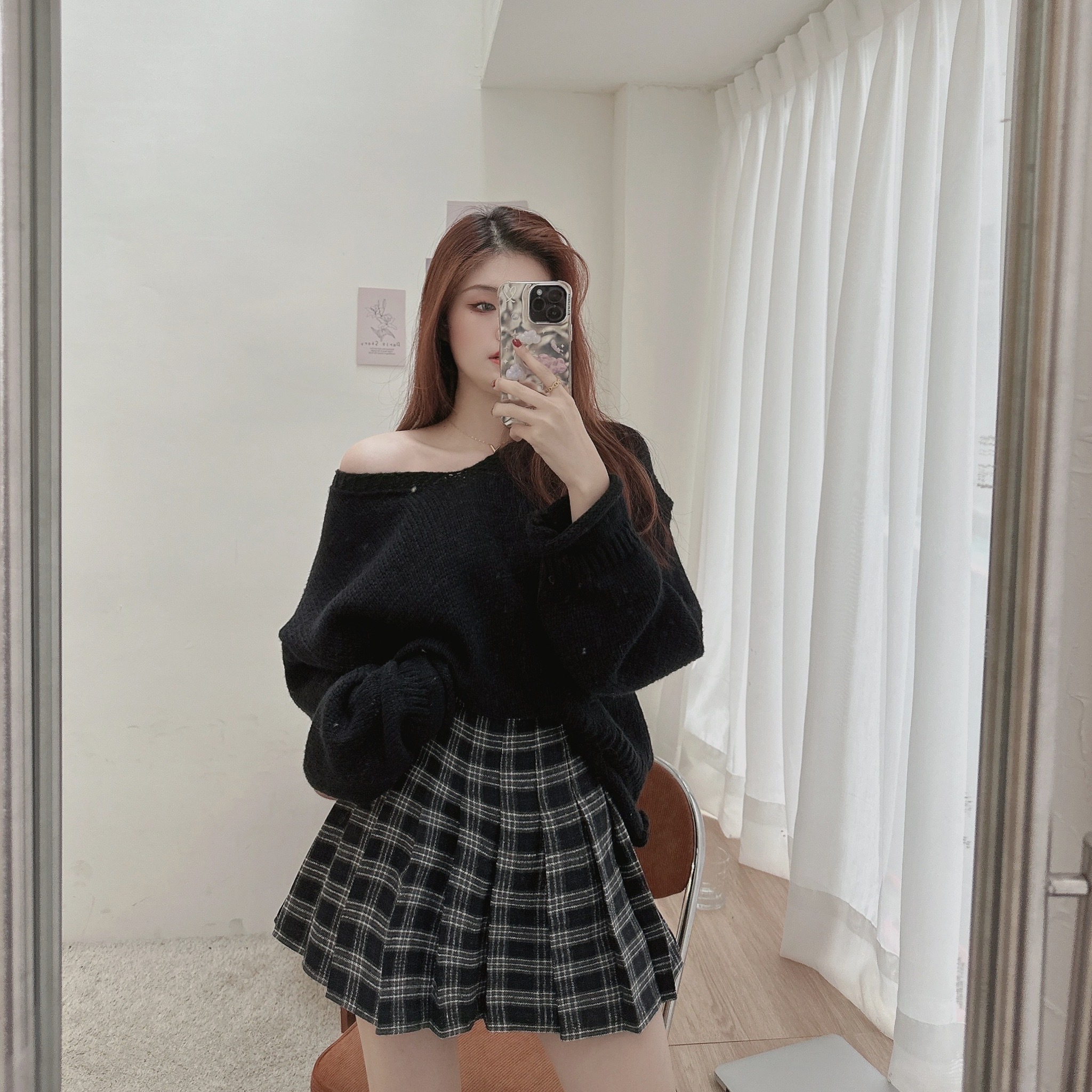 氛圍毛呢格紋百褶短裙/二色