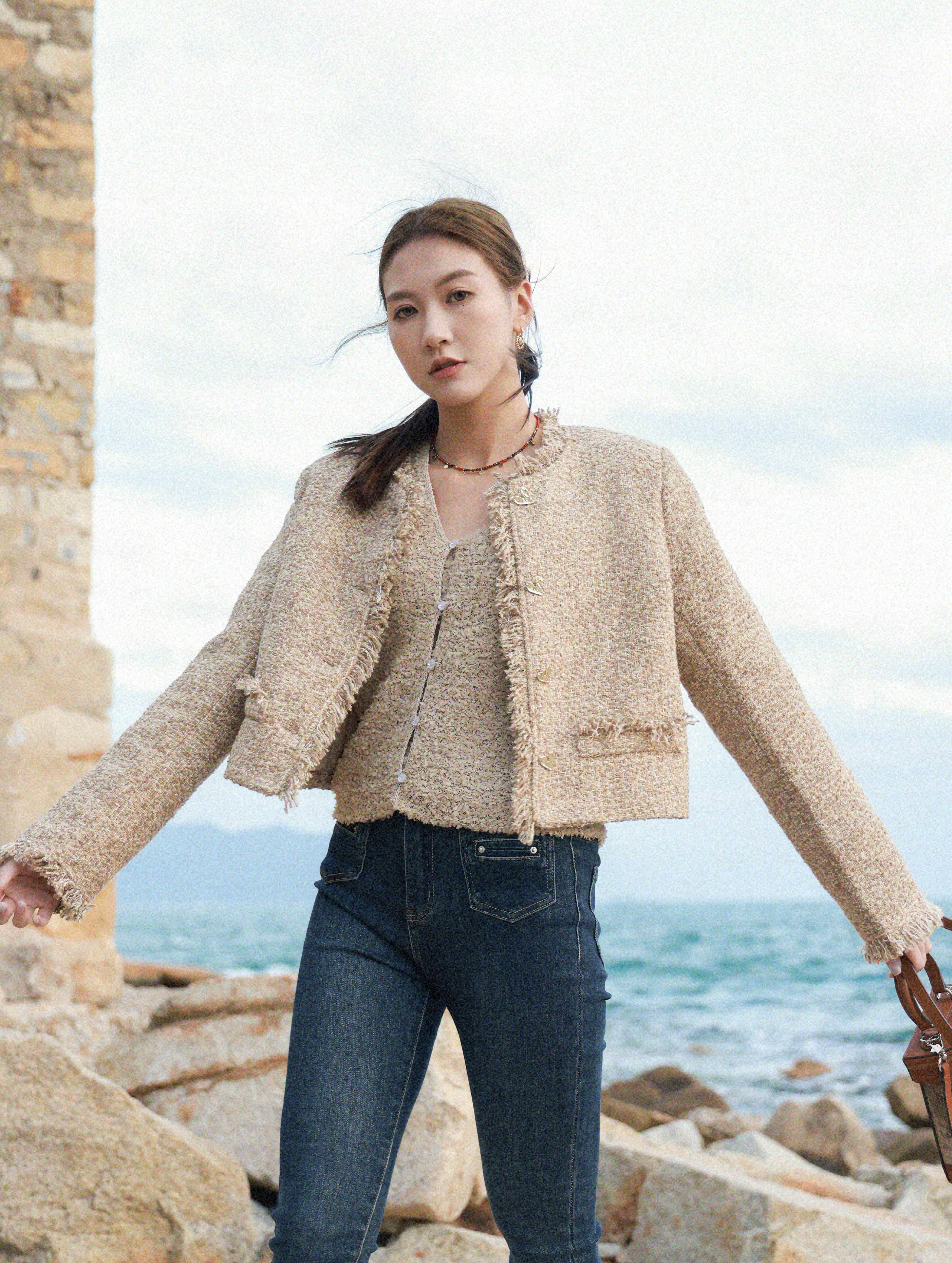 心心金鈕披邊tweed短褸（現貨款式）