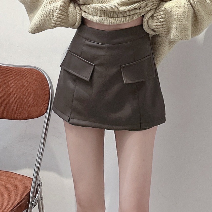 絕美假口袋A字皮革褲裙/三色