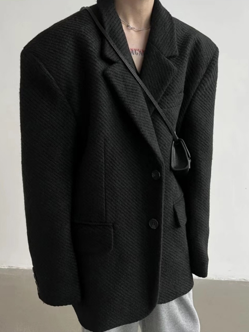 寬版舗棉坑紋毛料個性西裝外套*2色