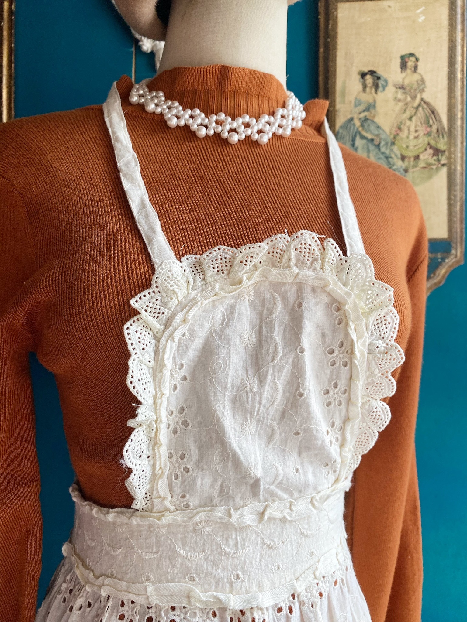 Vintage Dresses/古著白色小簍空掛脖圍裙洋裝