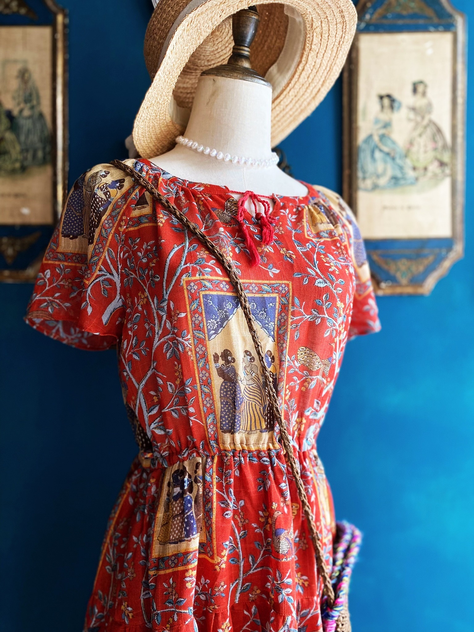 Vintage Dresses/古著日本品牌”馬里邑“紅色民族感壁畫洋裝