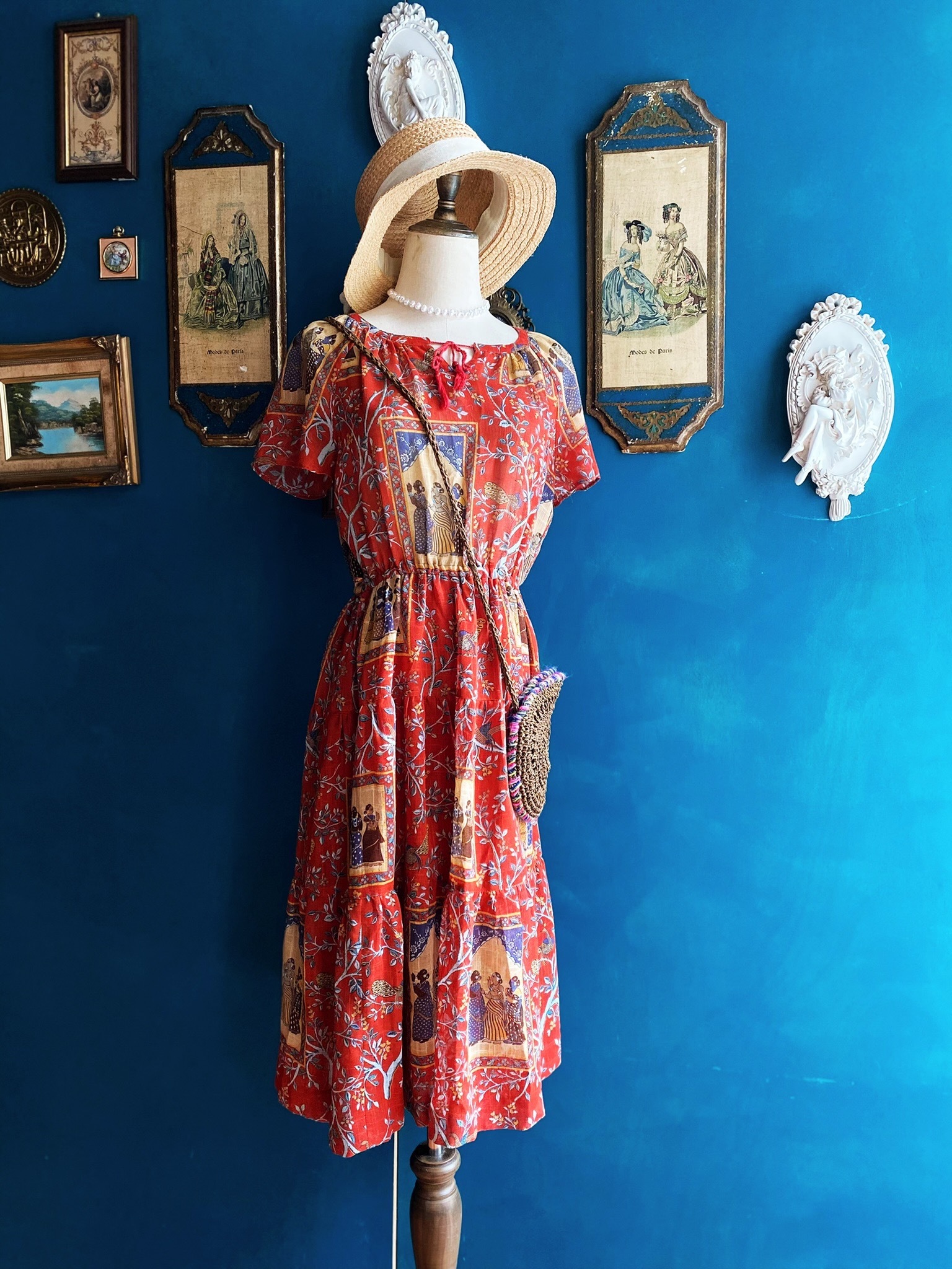 Vintage Dresses/古著日本品牌”馬里邑“紅色民族感壁畫洋裝