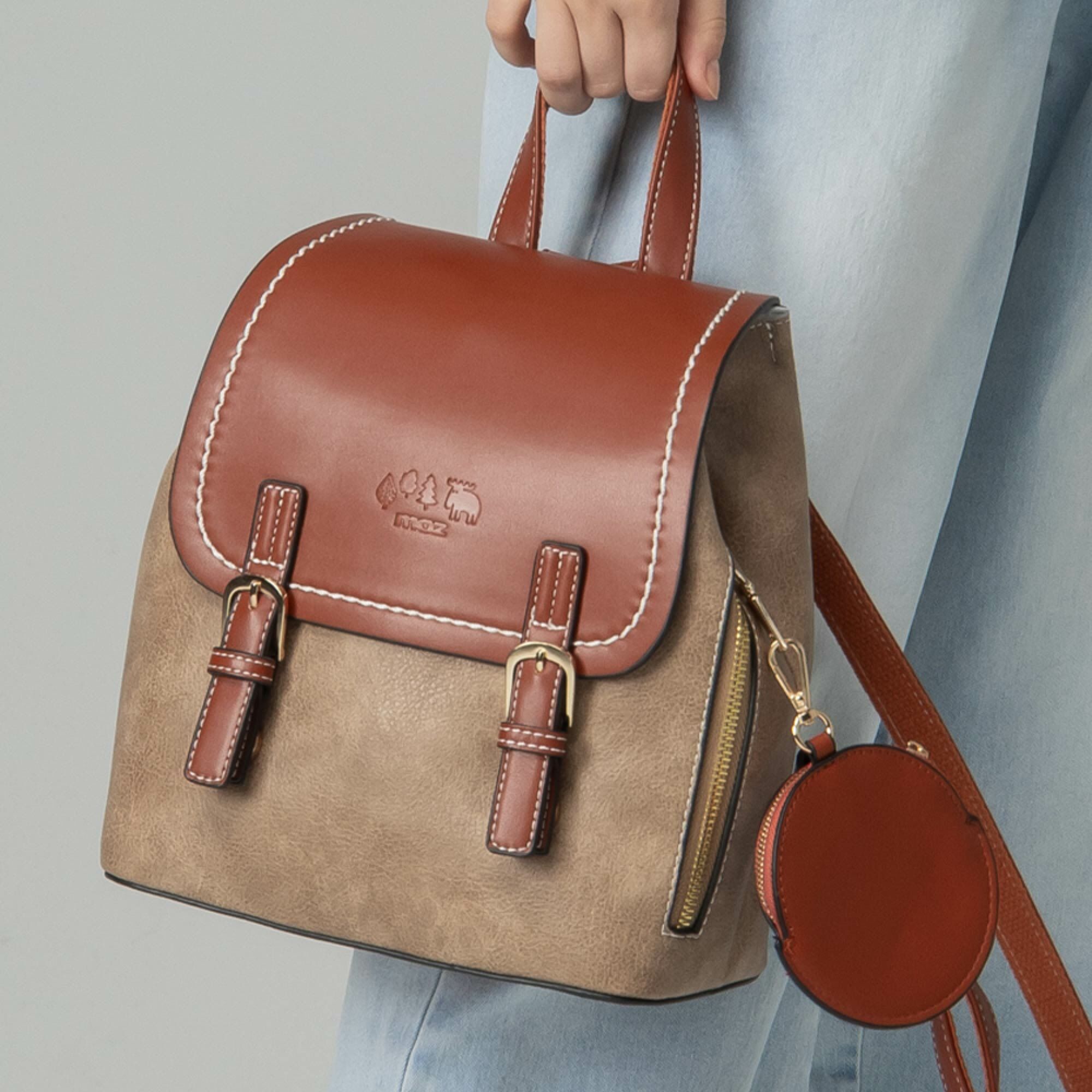 moz瑞典 駝鹿拚色復古風 可調包型💦防潑水後背包(焦糖色)(附零錢包)