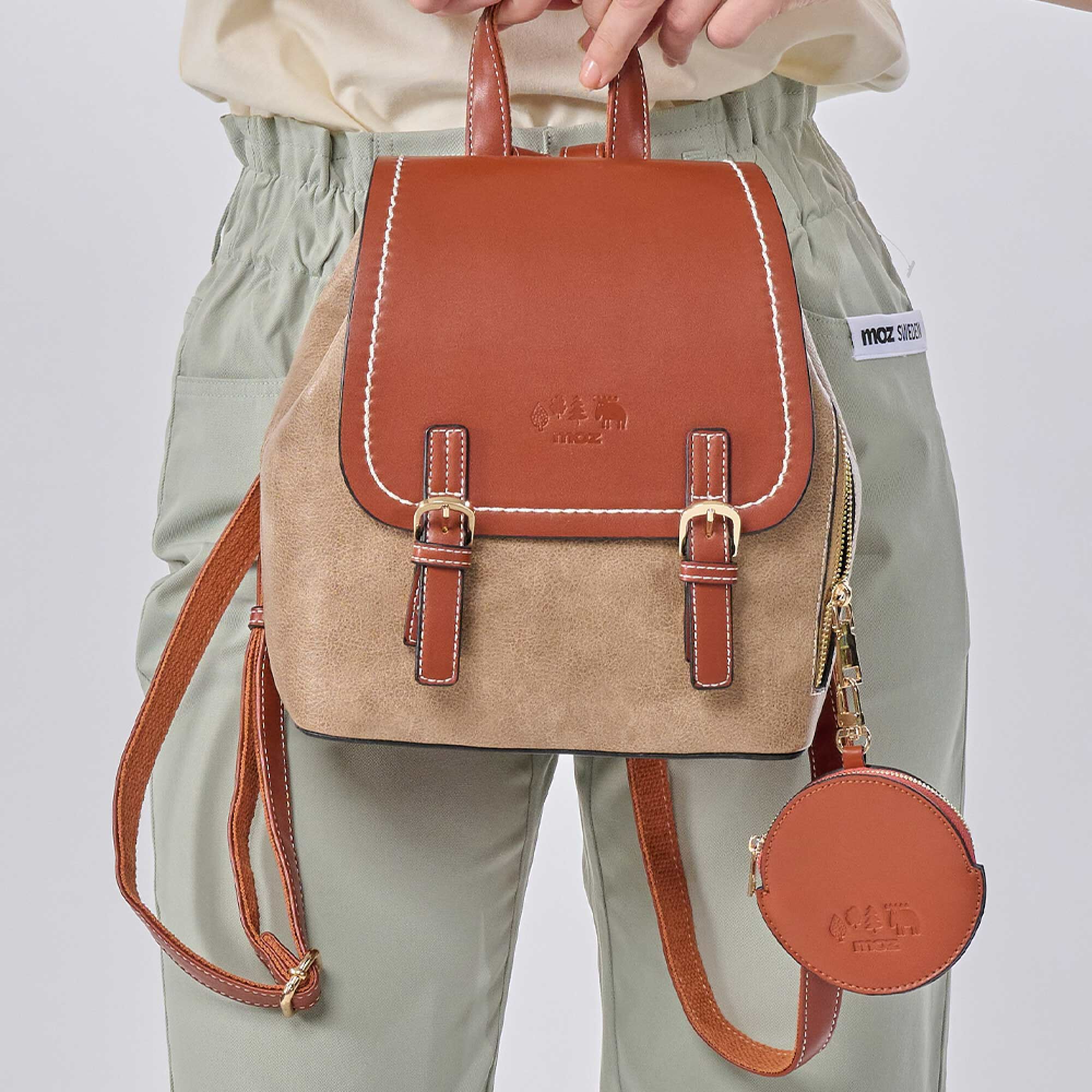 moz瑞典 駝鹿拚色復古風 可調包型💦防潑水後背包(焦糖色)(附零錢包)
