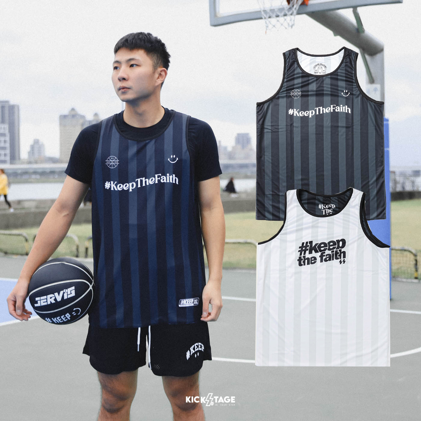 #KEEP THE FAITH 黑白 條紋 雙色 花朵 印花 雙面穿 球衣 背心 男女款【KS197-BK】ABshorts