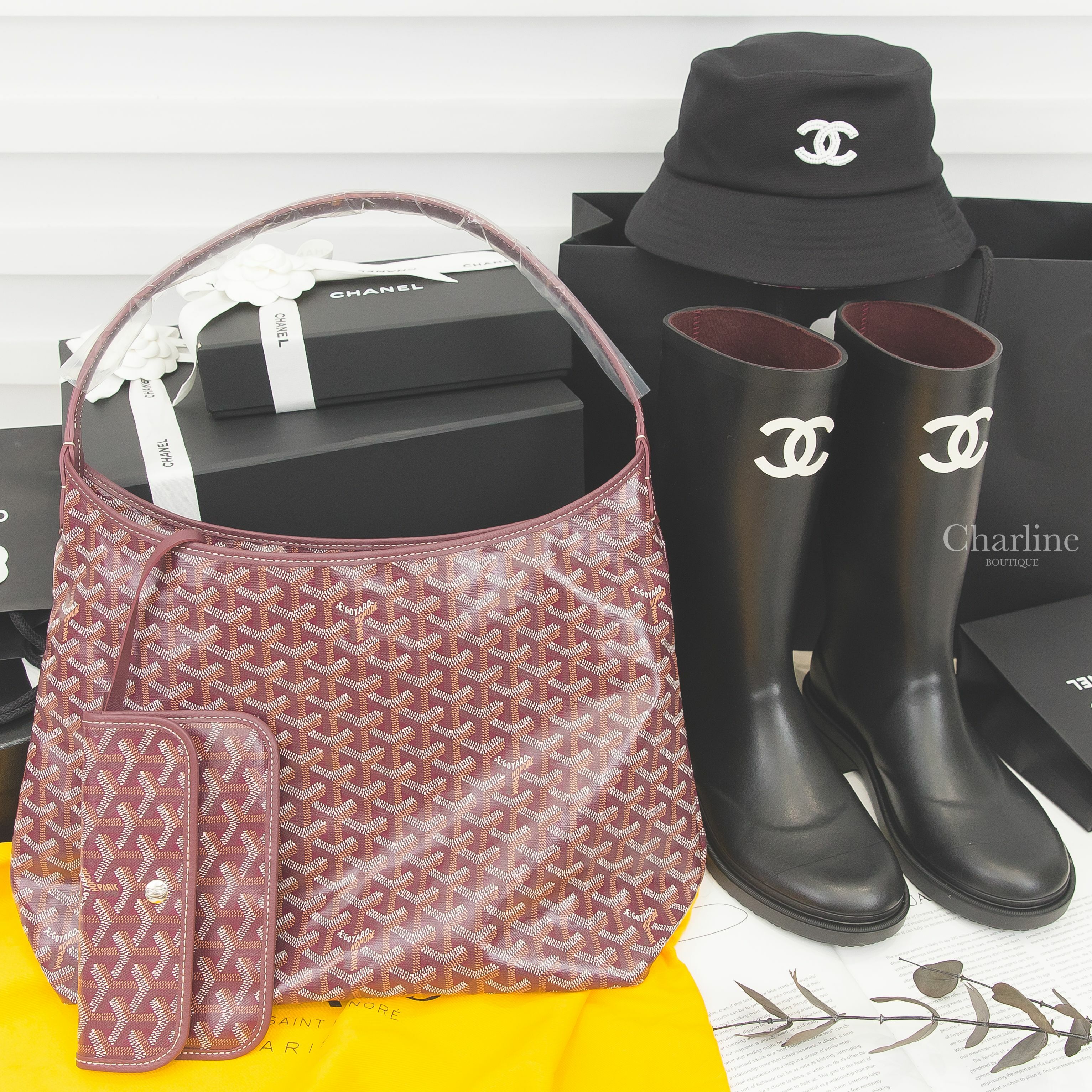 Goyard Bohème Hobo Bag 勃根地酒紅色手提肩背包,Chanel High Boots 黑色白CC後跟字母橡膠雨靴,Bucket Hat 黑底白色珠珠CC拼黑紅格紋內裡棉質漁夫帽-Charline Boutique 精品代購