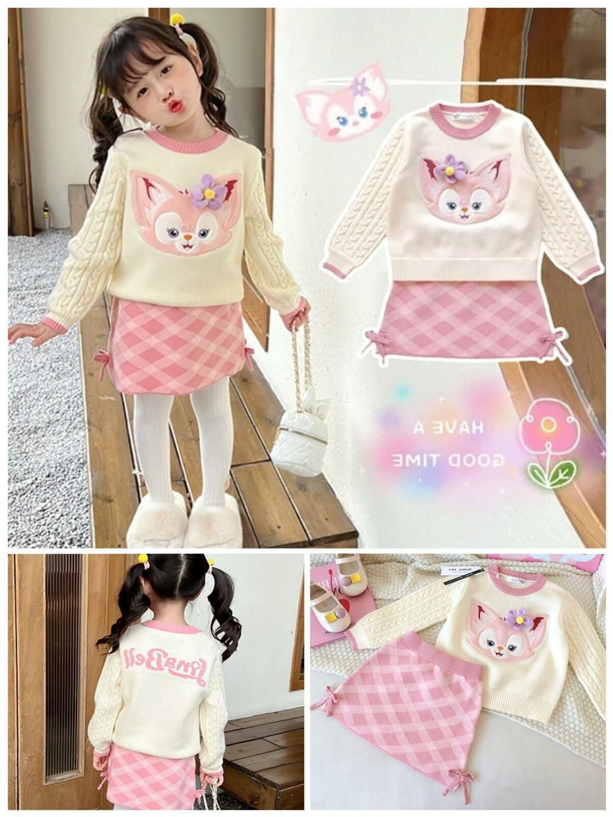 LinaBell卡通針織毛衣+蝴蝶結短裙兩件套-2301149