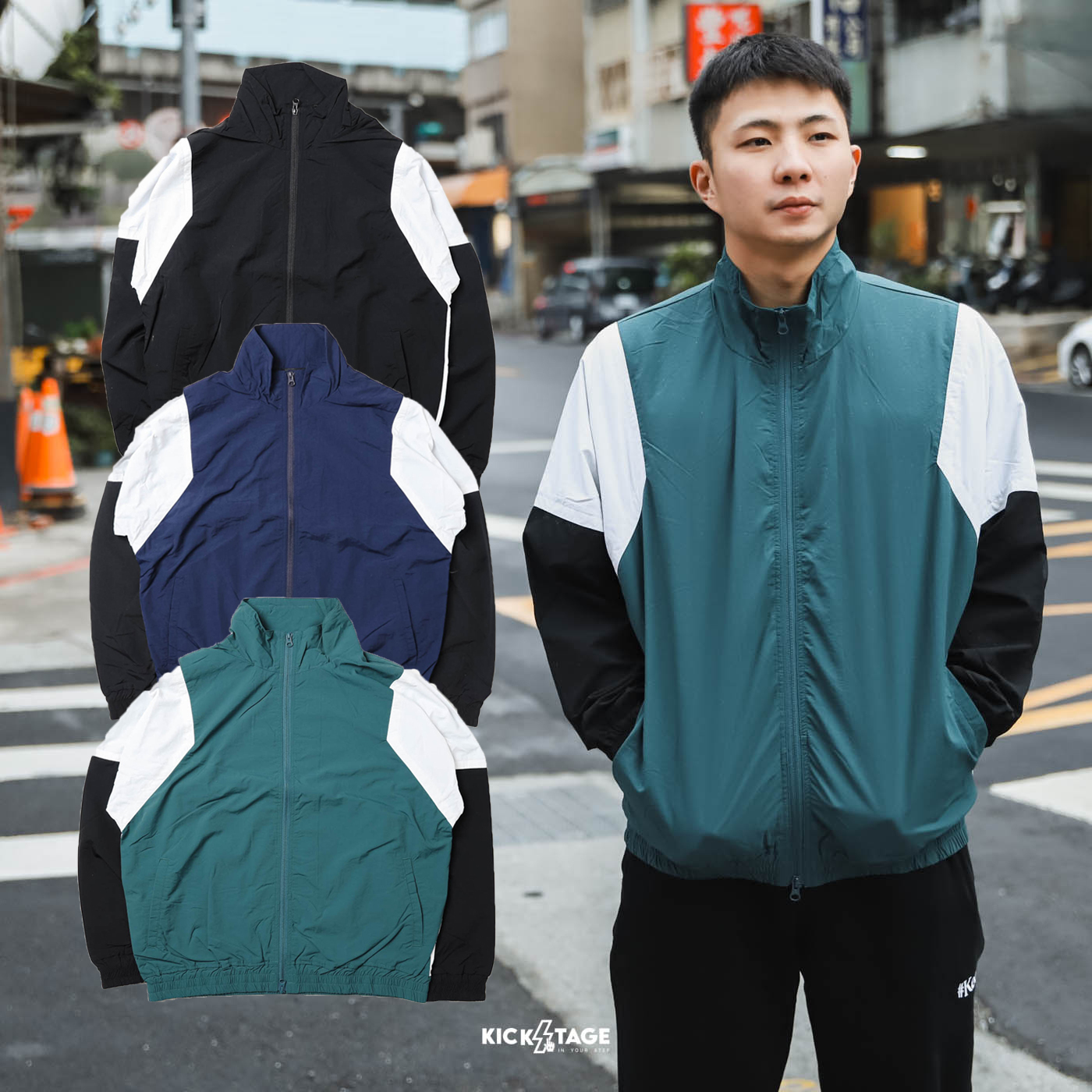 男女款 UNITED ATHLE JACKET 黑白 深綠 海軍藍 立領 防風 防潑水 復古 拼接 外套【21001】