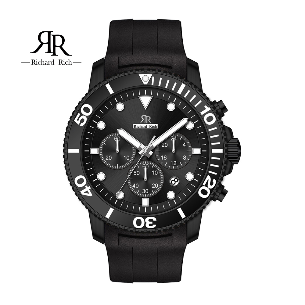 【Richard Rich】RCR-16-P02* 海洋之星黑武士陶瓷三眼潛水錶｜藍寶石鏡面・計時碼錶・藍夜光・單向旋轉錶圈・防水300米