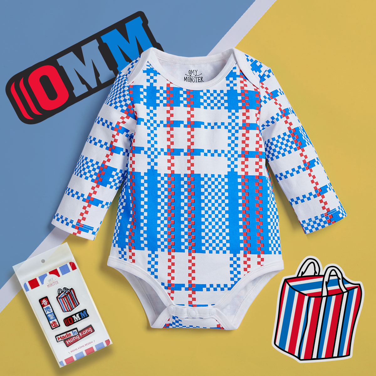 OMYMONSTER 經典紅白藍 長袖包屁衣（藍色）