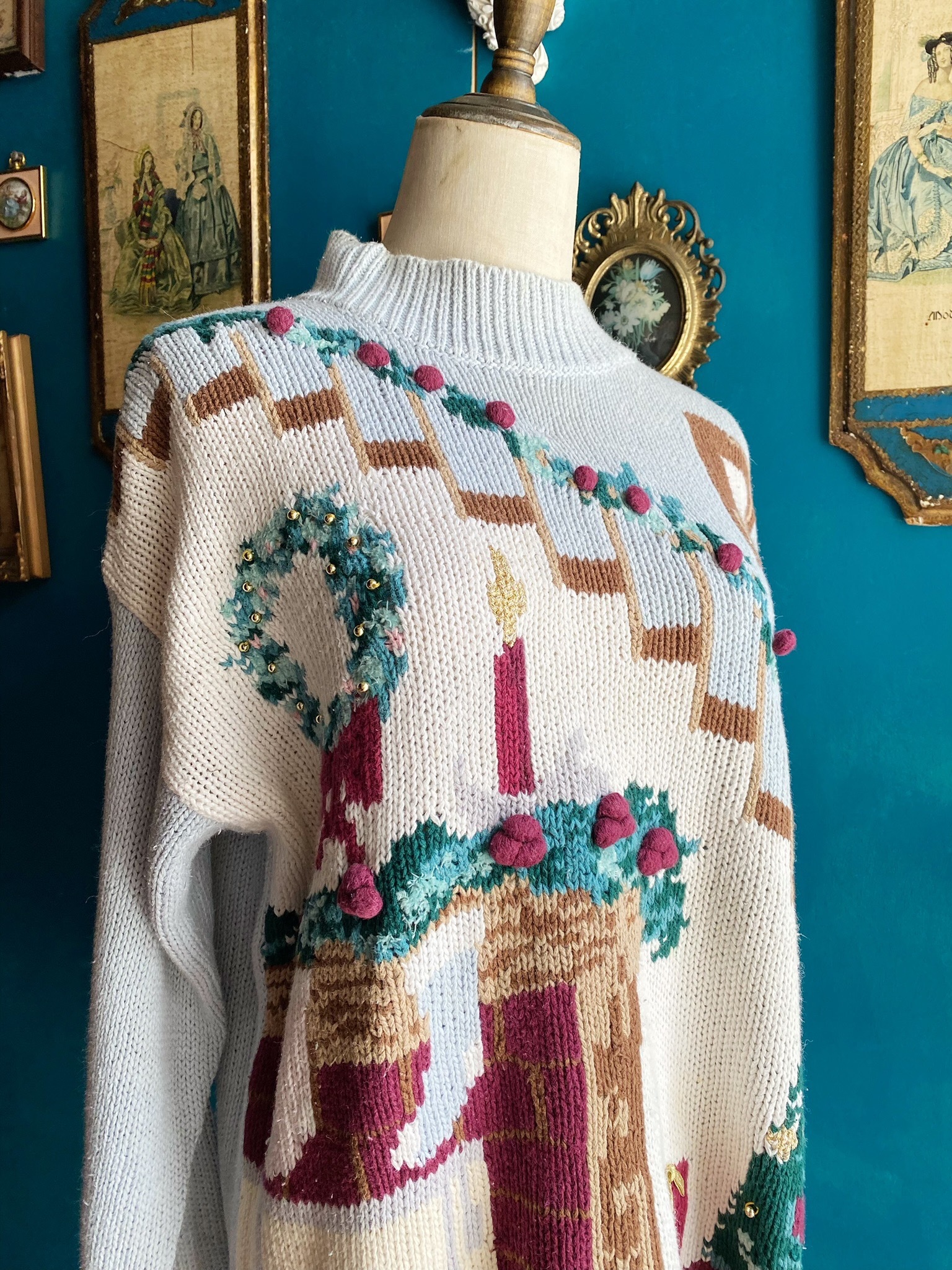 Vintage Top /古著聖誕小屋立體鈴鐺毛衣