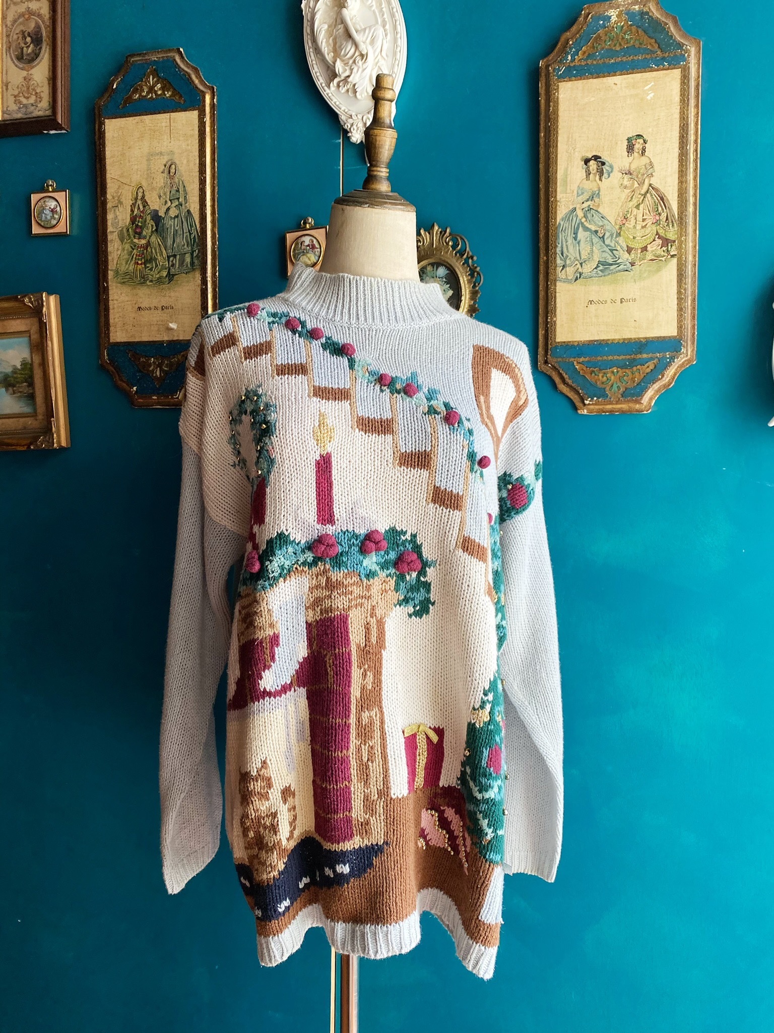 Vintage Top /古著聖誕小屋立體鈴鐺毛衣